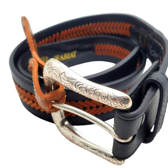 Ariat Brown Black Western Leather Belt Braided Two Tone 32 Silver Tooled Buckle - Picture 5 of 13